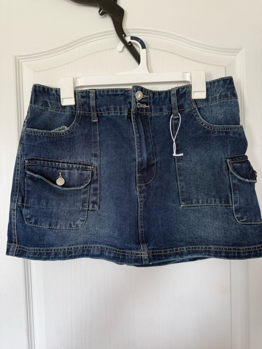 refuge Dark Blue Denim Mini Skirt with Front Patch Pockets
